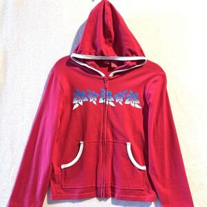 Y2K Mossimo 90s Vintage‎ Junior XL Zip Up Hoodie Jacket Red Hibiscus Aloha Blue